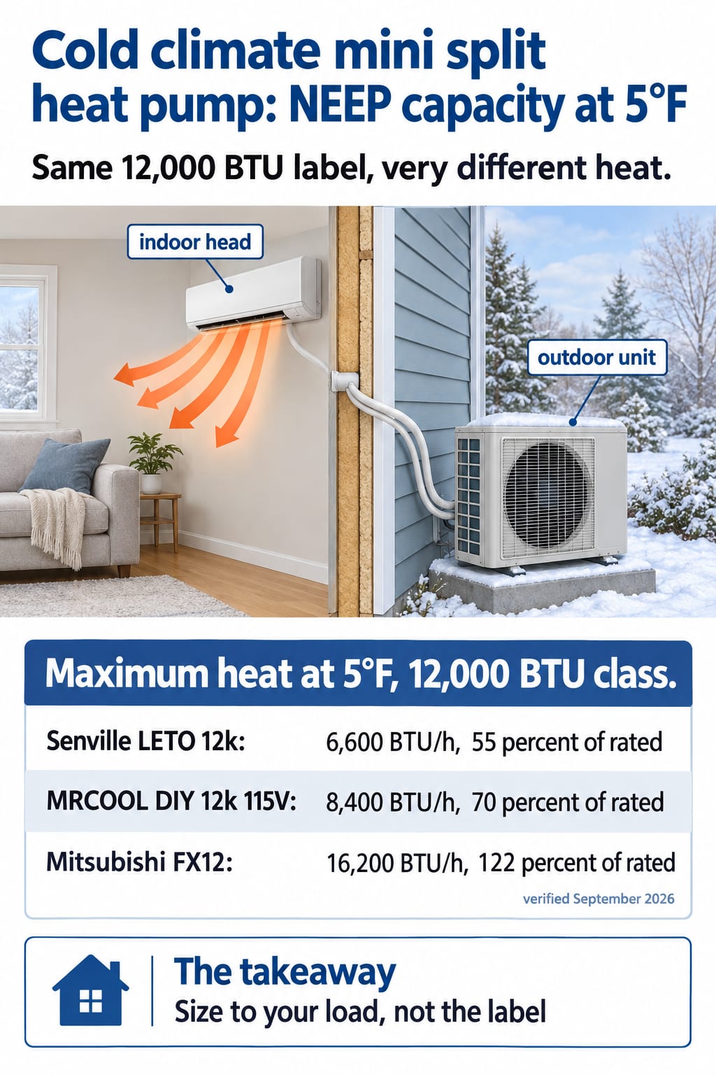 Maximum heat at 5°F for three 12,000 BTU mini splits: Senville LETO 6,600, MRCOOL 8,400, Mitsubishi FX12 16,200 BTU/h