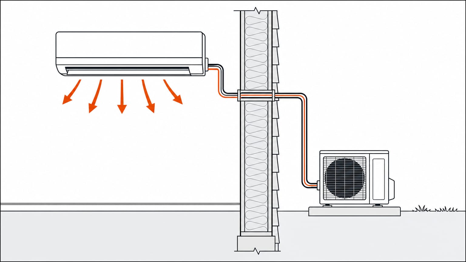 Section view of a Cooper and Hunter mini split: flare-fitting line set through the wall, outdoor unit on its pad
