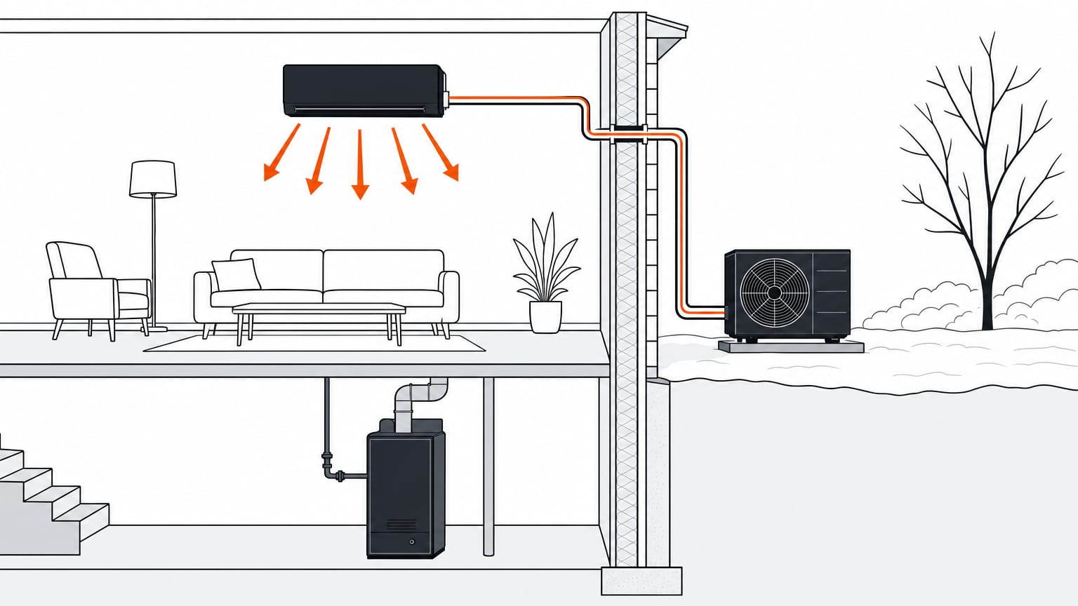 Section view of a winter home: a mini split indoor head warming the living room, a gas furnace waiting in the basement below