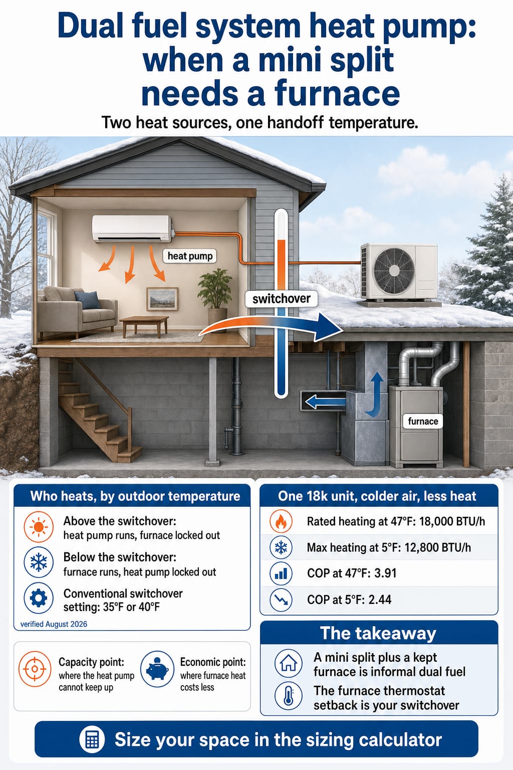How a dual fuel system hands heating from the heat pump to the furnace, with the conventional 35°F to 40°F switchover