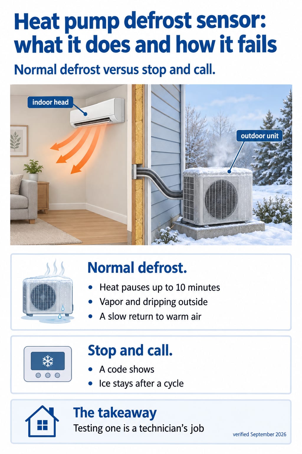 Defrost sensor guide: normal defrost signs, a heat pause of up to 10 minutes, and the signs that mean call a technician