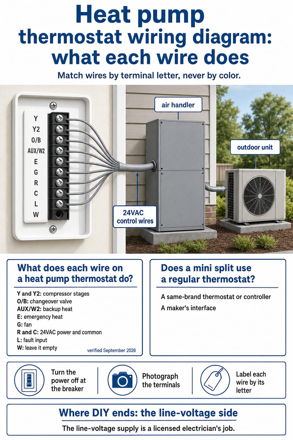Heat pump thermostat terminals and their 24VAC jobs, beside two mini-split control paths: same-brand controls or an interface