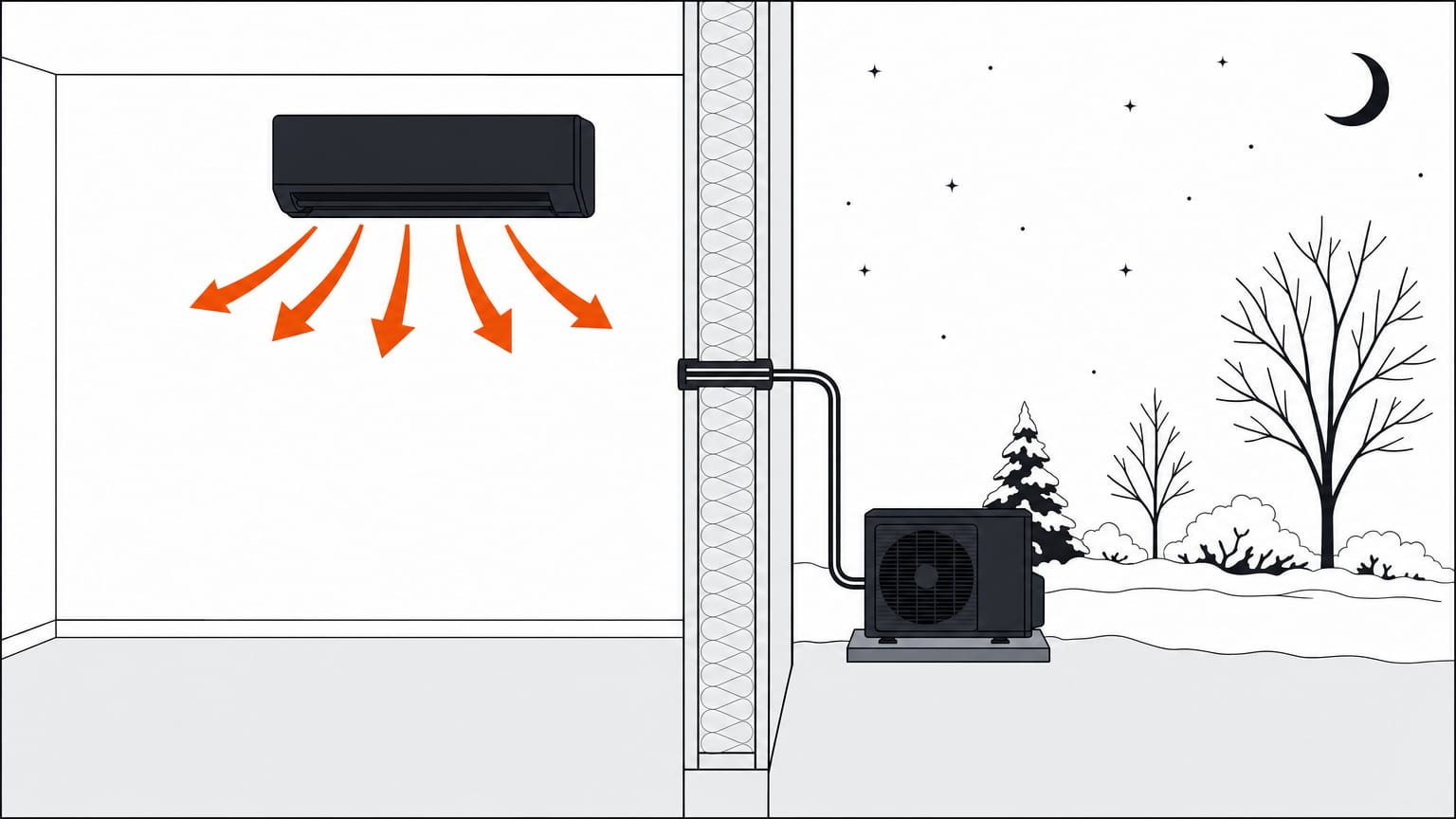 Section view of a room in winter: a wall-mounted mini split heating the room, its line set running out to the outdoor unit