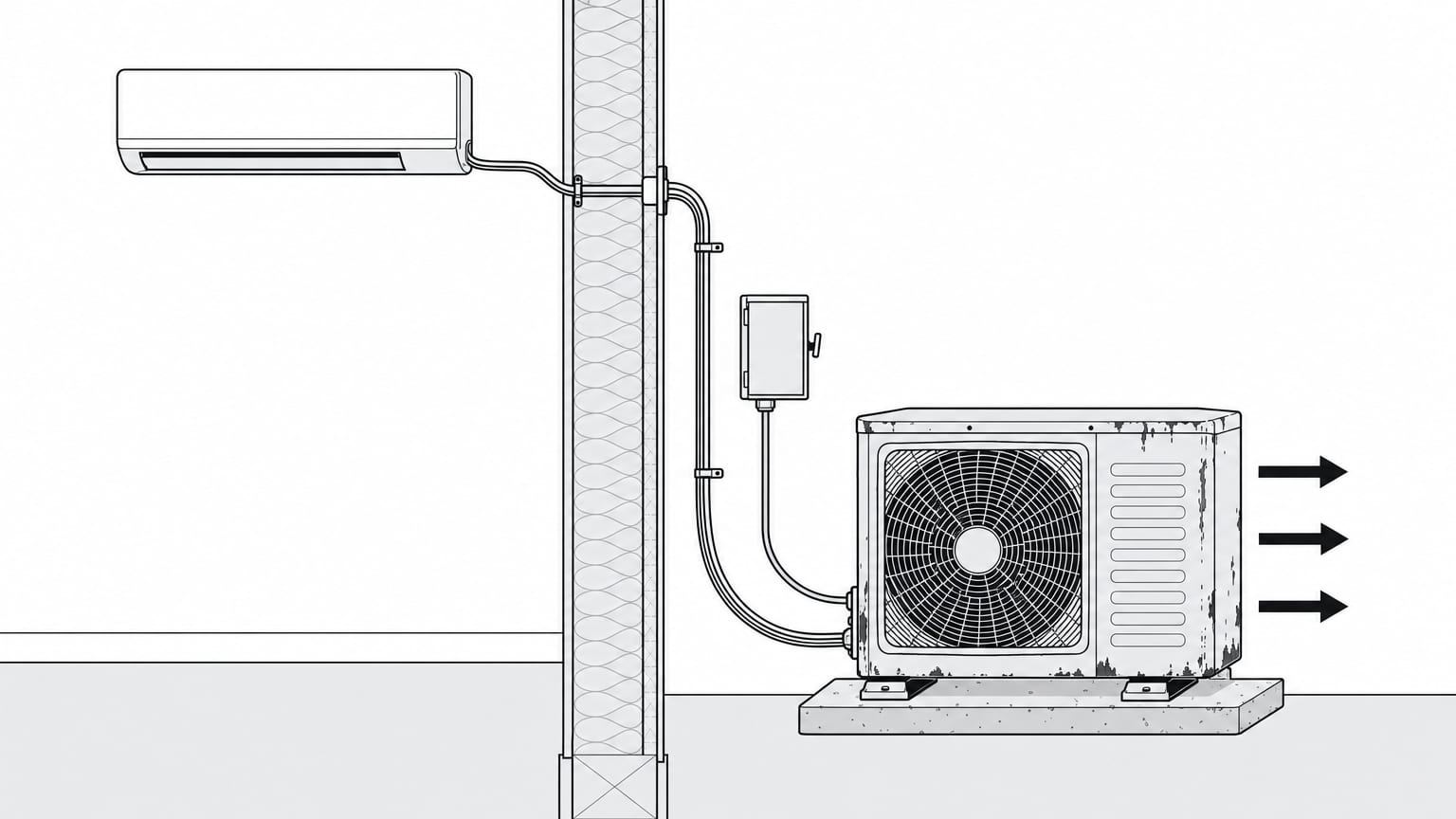 Section view of a weathered mini split outdoor condenser on its pad, with the indoor head, wall penetration, and line set