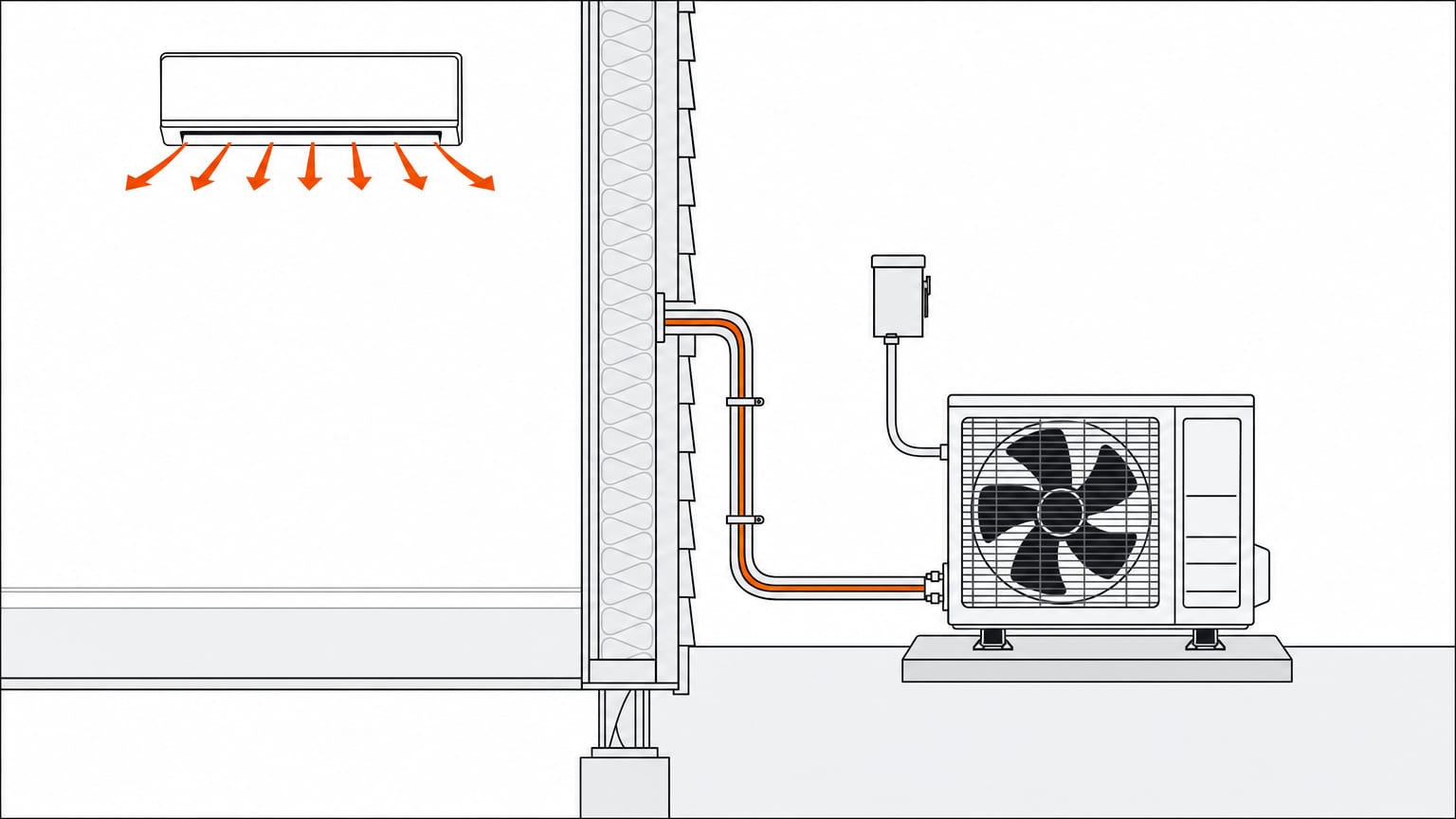 Section view of a mini-split condenser on a ground stand beside a manufactured home, line set to an indoor unit