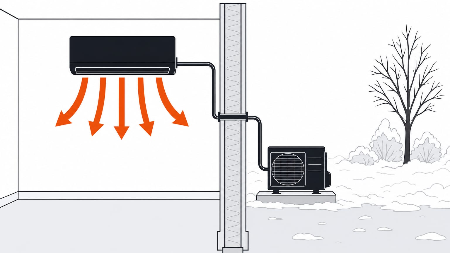 Section view of a 12000 BTU mini split heat pump in winter: indoor unit on the wall, line set out to the outdoor unit