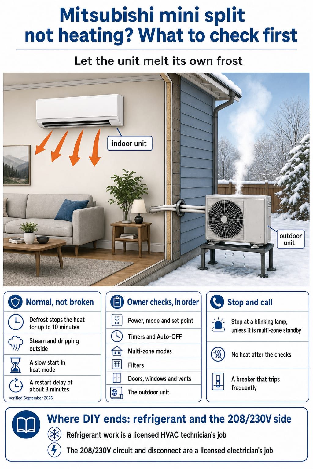 Mitsubishi mini split not heating ladder: defrost pauses of up to 10 minutes, owner checks, and when to stop and call