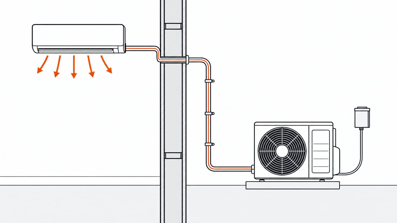 Section view of a Pioneer mini split: flare-fitting line set through the wall, vacuum-pump port, outdoor unit on its pad
